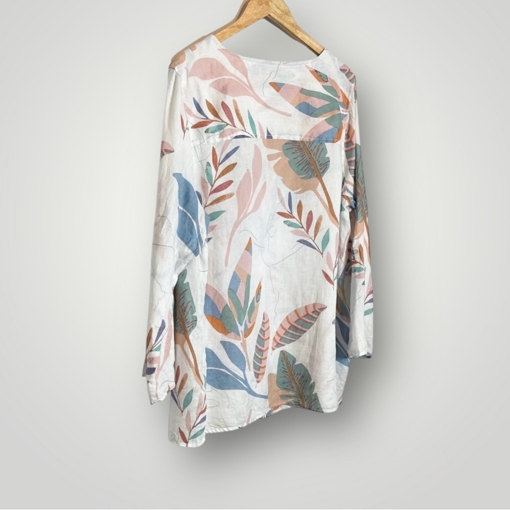 Cynthia Rowley Linen Floral Top Size 2X Roll Tab Sleeve Tunic Shell Buttons - Picture 5 of 7